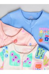 %100 Pamuklu Pembe Mavi Çiçek Desenli 3'lü Tulum Set