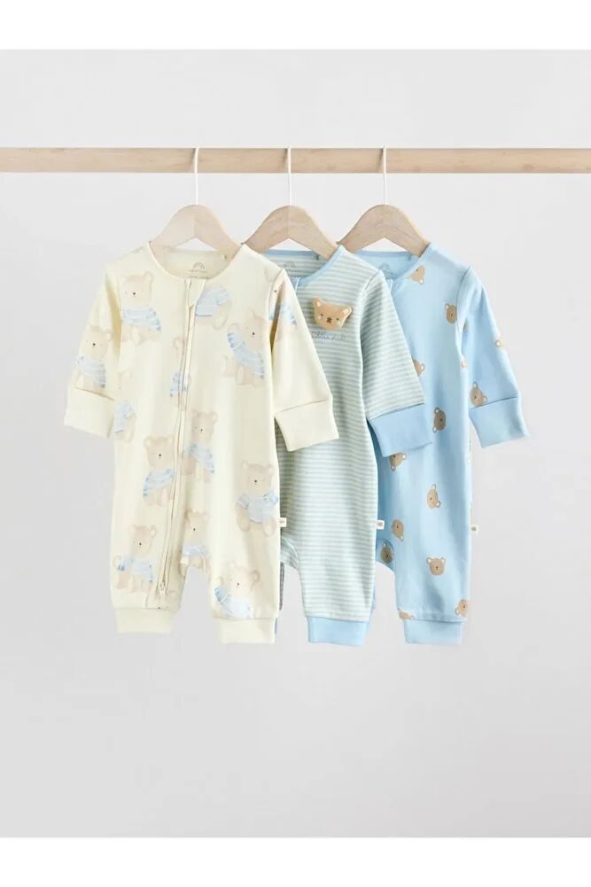 %100 Pamuklu Krem Mavi Ayıcık Desenli 3'lü Tulum Set