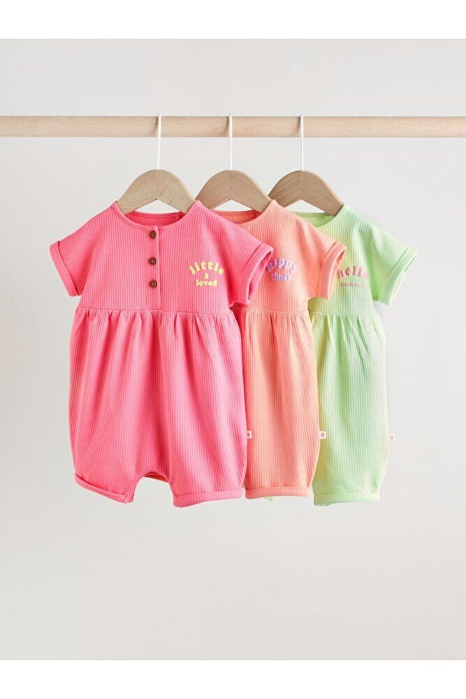 %100 Pamuklu Pembe Yeşil 3'lü Romper Set