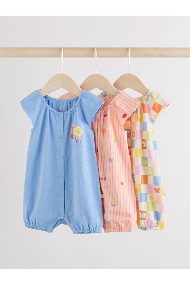 %100 Pamuklu Pembe Mavi Çiçek Desenli 3'lü Romper Set