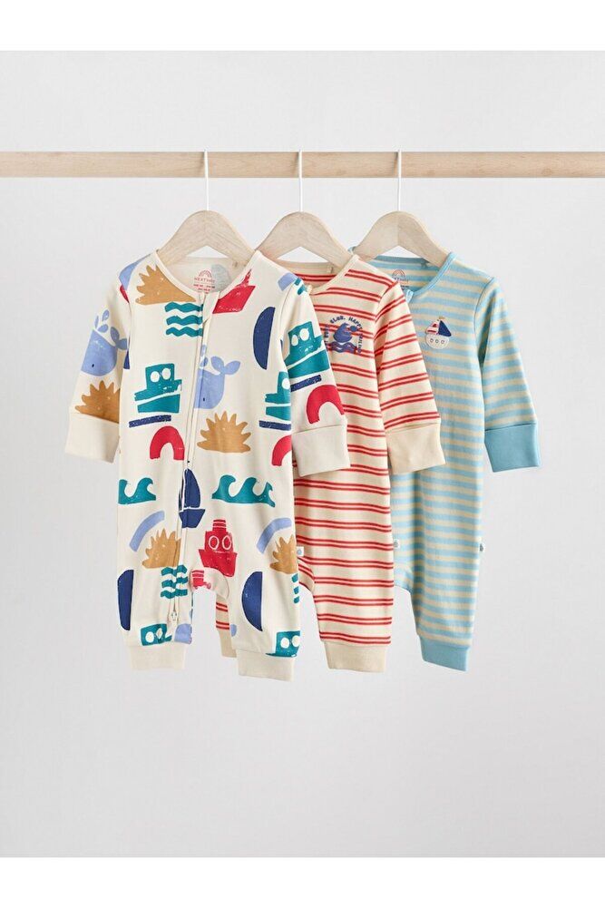 %100 Pamuklu Krem Mavi Baskılı 3'lü Tulum Set