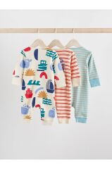 %100 Pamuklu Krem Mavi Baskılı 3'lü Tulum Set