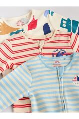 %100 Pamuklu Krem Mavi Baskılı 3'lü Tulum Set