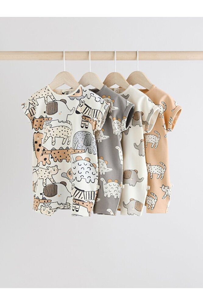 %100 Pamuklu Krem Kahve Hayvan Desenli 3'lü Romper Set