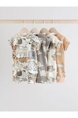 %100 Pamuklu Krem Kahve Hayvan Desenli 3'lü Romper Set