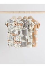 %100 Pamuklu Krem Kahve Hayvan Desenli 3'lü Romper Set