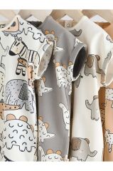 %100 Pamuklu Krem Kahve Hayvan Desenli 3'lü Romper Set