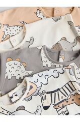 %100 Pamuklu Krem Kahve Hayvan Desenli 3'lü Romper Set