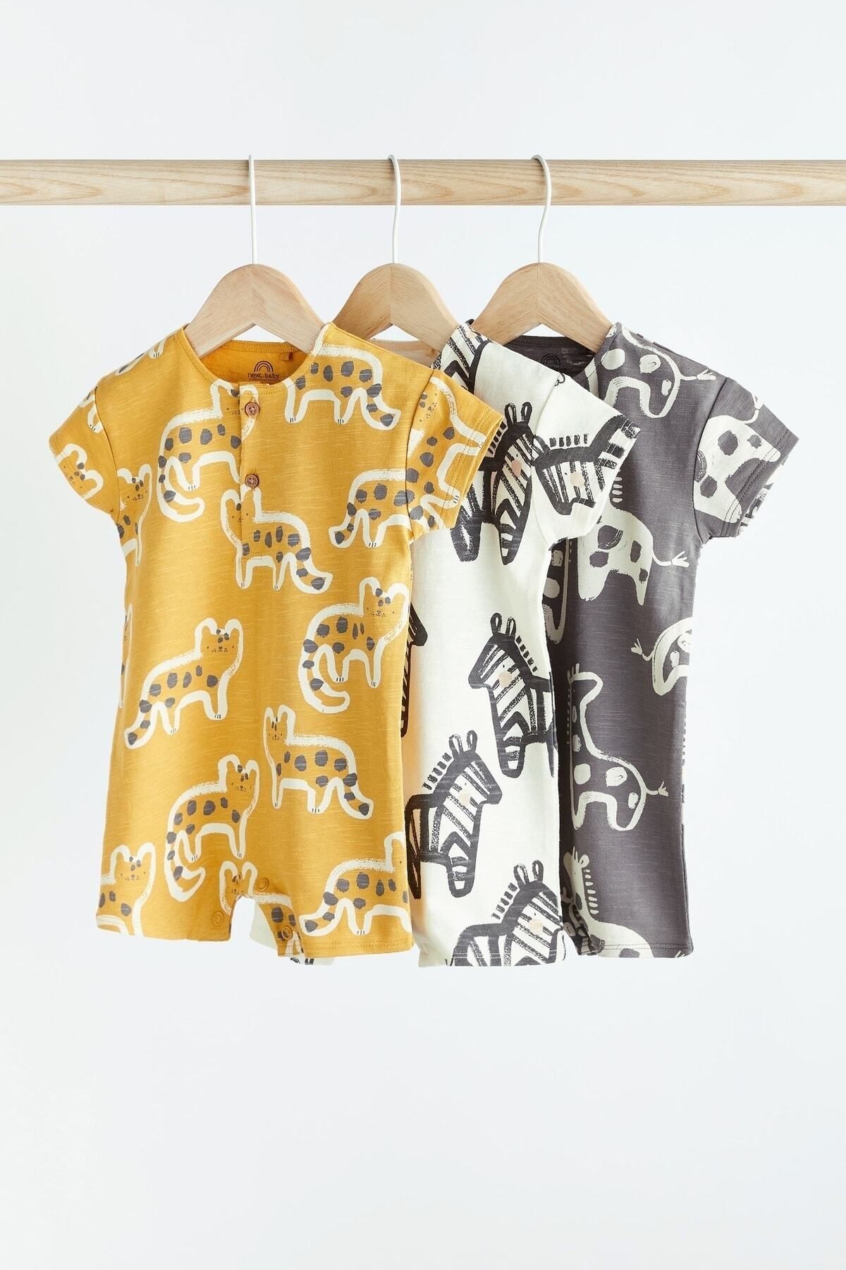Next Baby % 100 Pamuklu Black White Animal Romper 3’lü Set