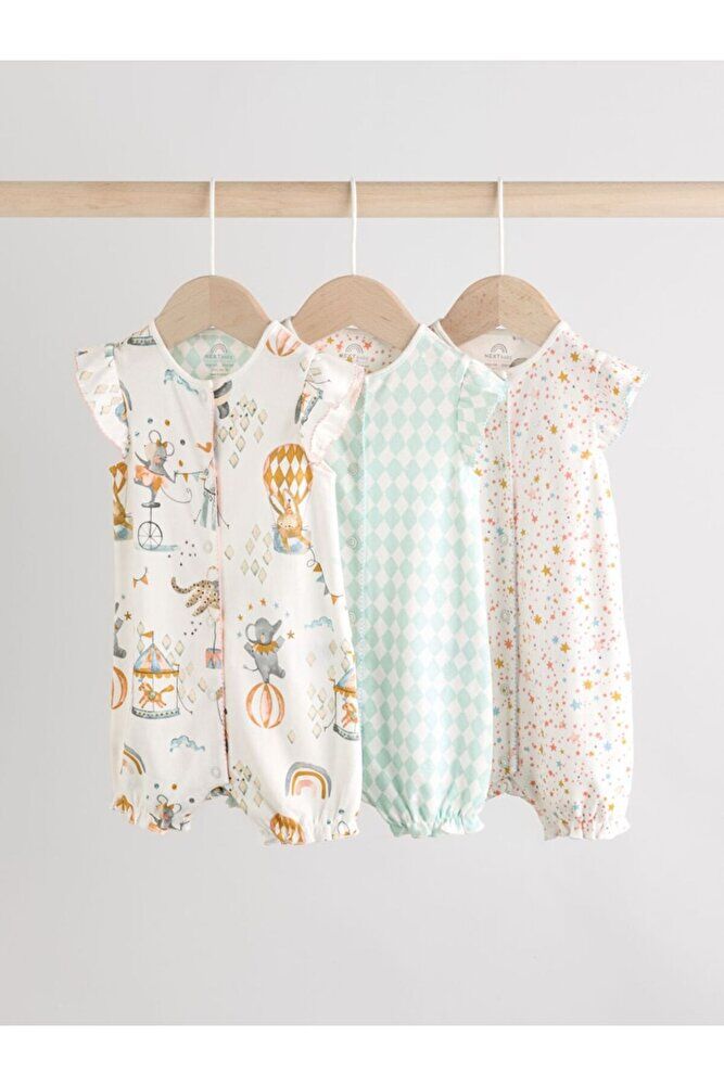 %100 Pamuklu Multi Pastel Animal 3'lü Romper Set