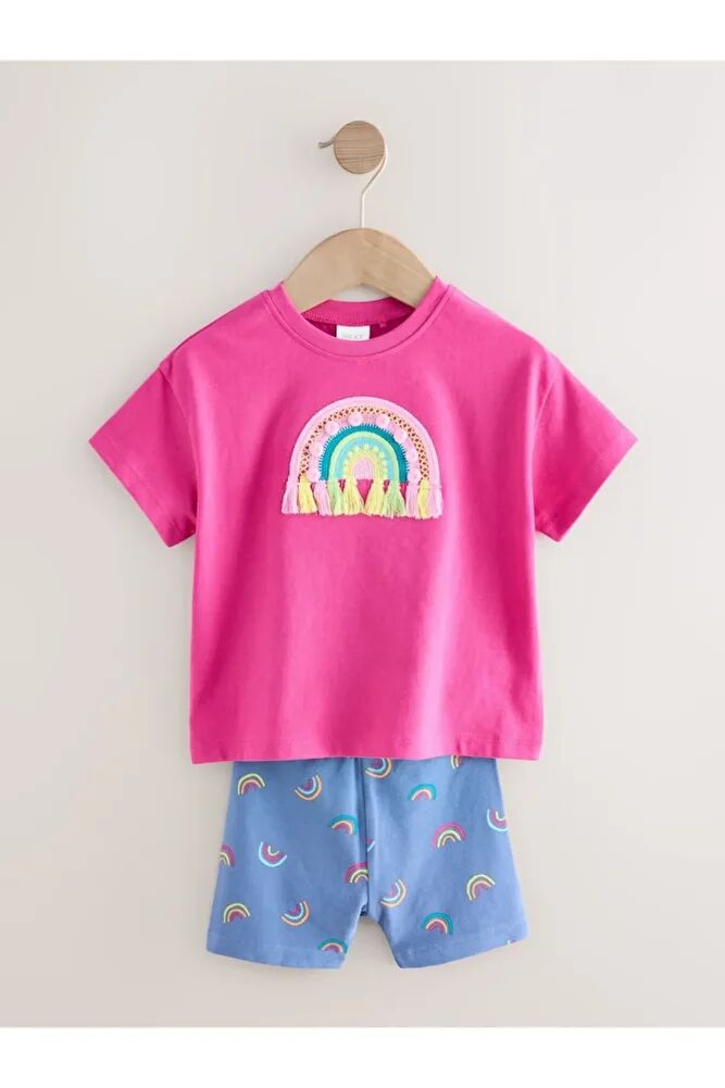 Pamuklu Pembe Gökkuşağı Desenli Kısa Kollu Alt Üst Takım