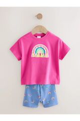 Pamuklu Pembe Gökkuşağı Desenli Kısa Kollu Alt Üst Takım