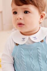 Next Baby % 100 Pamuklu Mavi Örgü Salopet Bebe Yaka Ayı İşlemeli Body Zıbın Çorap Set
