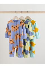 %100 Pamuklu Mavi Krem Animal Desenli 3'lü Tulum Set