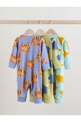 %100 Pamuklu Mavi Krem Animal Desenli 3'lü Tulum Set