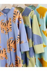 %100 Pamuklu Mavi Krem Animal Desenli 3'lü Tulum Set