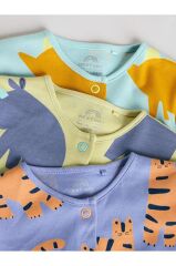 %100 Pamuklu Mavi Krem Animal Desenli 3'lü Tulum Set