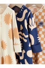 %100 Pamuklu Krem Lacivert Baskılı 3'lü Tulum Set