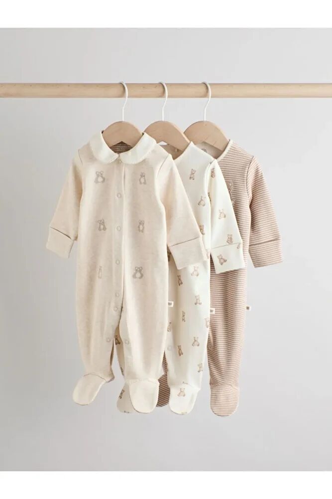 %100 Pamuklu Krem Bebe Yaka 3'lü Tulum Set