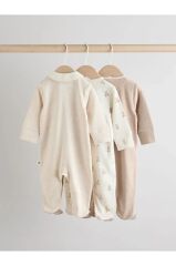 %100 Pamuklu Krem Bebe Yaka 3'lü Tulum Set