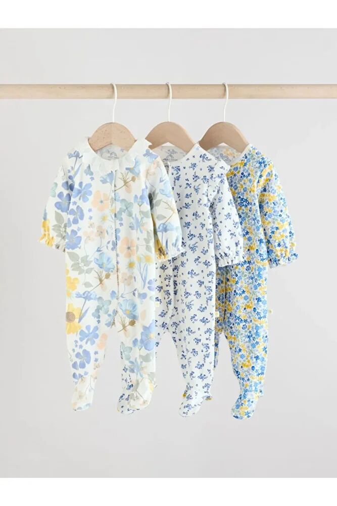 %100 Pamuklu Beyaz Yeşil Çiçek Desenli Bebe Dantel Yaka 3'lü Tulum Set