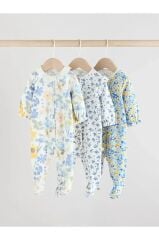 %100 Pamuklu Beyaz Yeşil Çiçek Desenli Bebe Dantel Yaka 3'lü Tulum Set