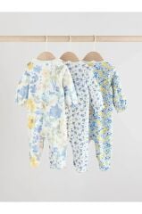 %100 Pamuklu Beyaz Yeşil Çiçek Desenli Bebe Dantel Yaka 3'lü Tulum Set