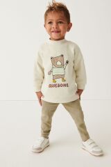 Next Baby 100 Pamuklu Bej Bo Ayı Desenli Jogger Alt Üst Takım