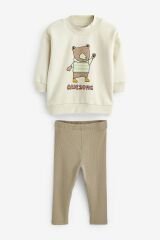 Next Baby 100 Pamuklu Bej Bo Ayı Desenli Jogger Alt Üst Takım