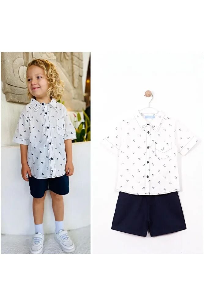 Laciel Paris Beyaz Keten Kısa Kollu Gömlek Lacivert Şortlu Alt Üst Takım