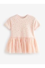 Pembe Simli Benekli Kısa Kollu Tütülü Elbise