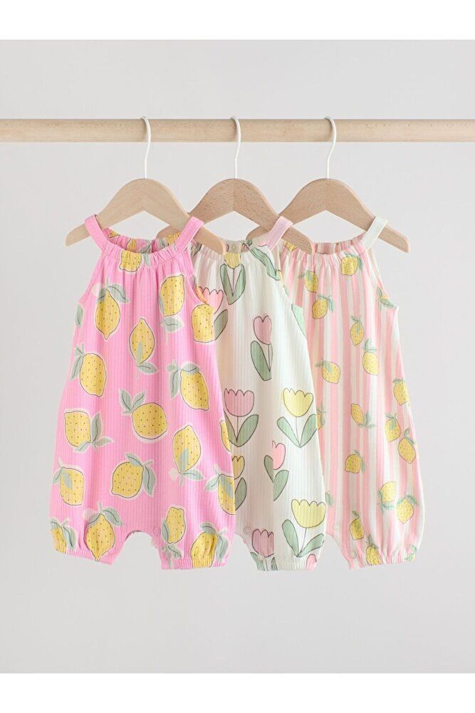 % 100 Pamuklu Soft Pembe limon Baskılı 3'lü Romper Set