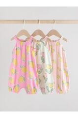 % 100 Pamuklu Soft Pembe limon Baskılı 3'lü Romper Set