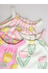 % 100 Pamuklu Soft Pembe limon Baskılı 3'lü Romper Set