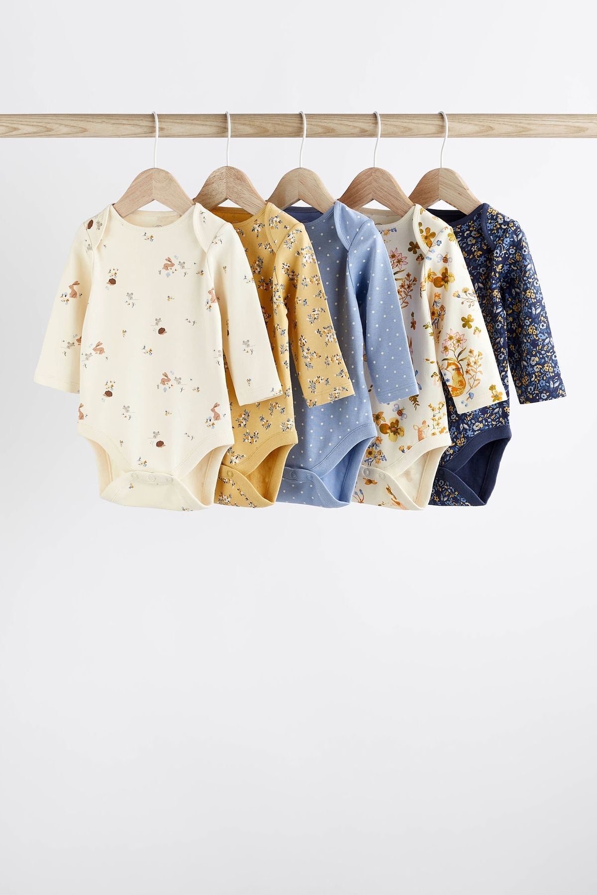 Next Baby % 100 Pamuklu Mavi /Sarı Çiçek Desenli Uzun Kollu 5’li Body Zıbın Set