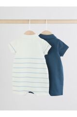 % 100 Pamuklu Lacivert Beyaz Şerit Desenli 2'li Romper Set