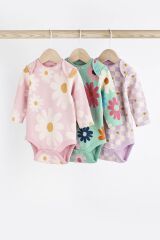 Next Baby % 100 Pamuklu Adaçayı Yeşili Çiçekli Uzun Kollu 3’lü Body Zıbın