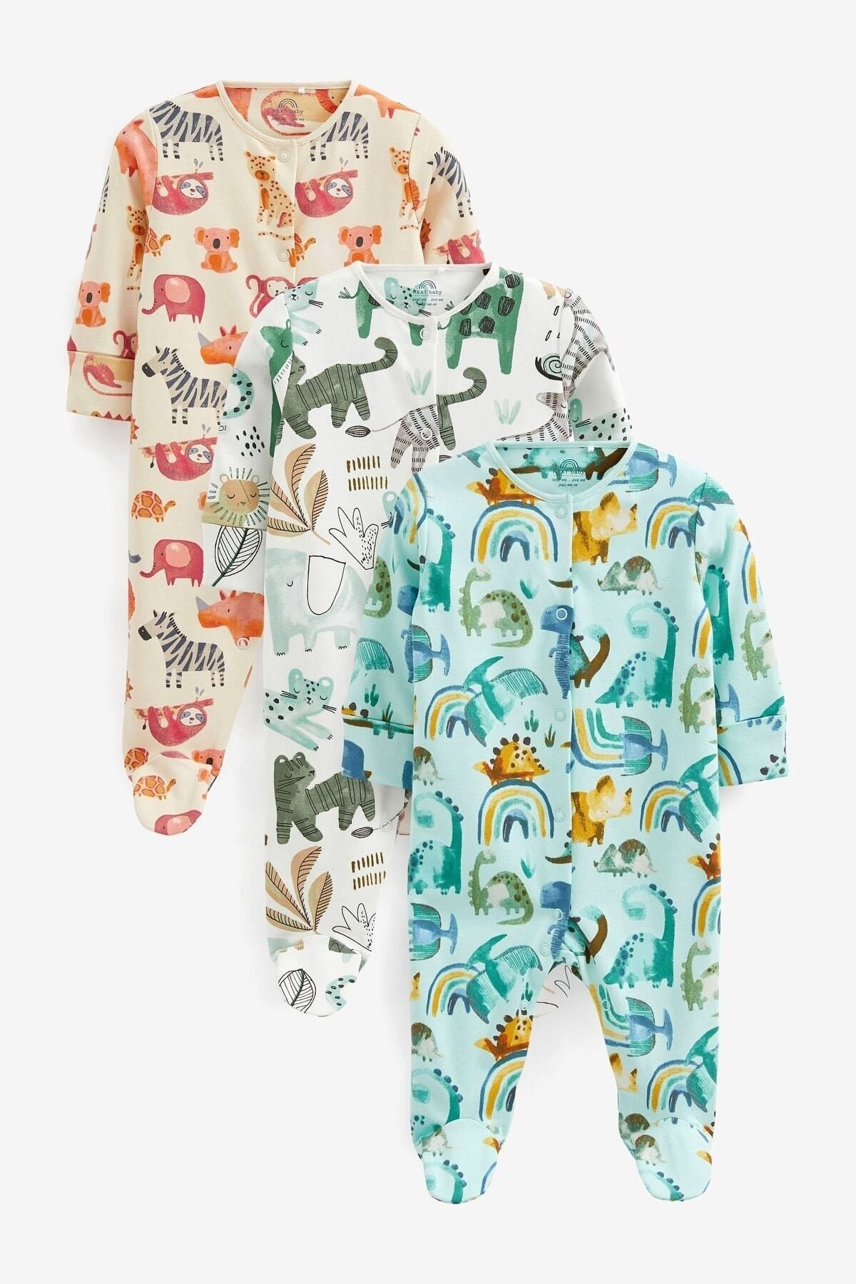 Next Baby % 100 Pamuklu Dinazor Desenli 3’lü Tulum Set