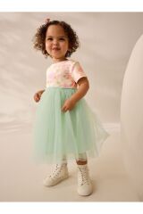 Next Baby Pamuklu Sage Green Floral Kısa Kollu Tütülü Elbise