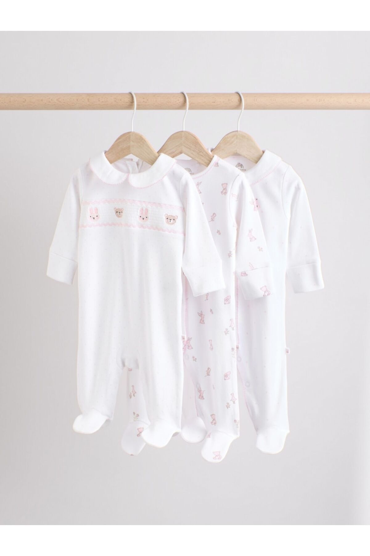 Next Baby % 100 Pamuklu Krem Pembe Tavşan Desenli Nakışlı 3'lü Tulum Set