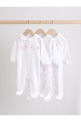 Next Baby % 100 Pamuklu Krem Pembe Tavşan Desenli Nakışlı 3'lü Tulum Set