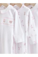 Next Baby % 100 Pamuklu Krem Pembe Tavşan Desenli Nakışlı 3'lü Tulum Set