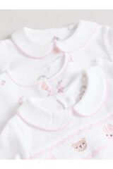 Next Baby % 100 Pamuklu Krem Pembe Tavşan Desenli Nakışlı 3'lü Tulum Set