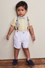 Next Baby Pamuklu Sarı Beyaz Gömlek Şort Papyon Askı Set