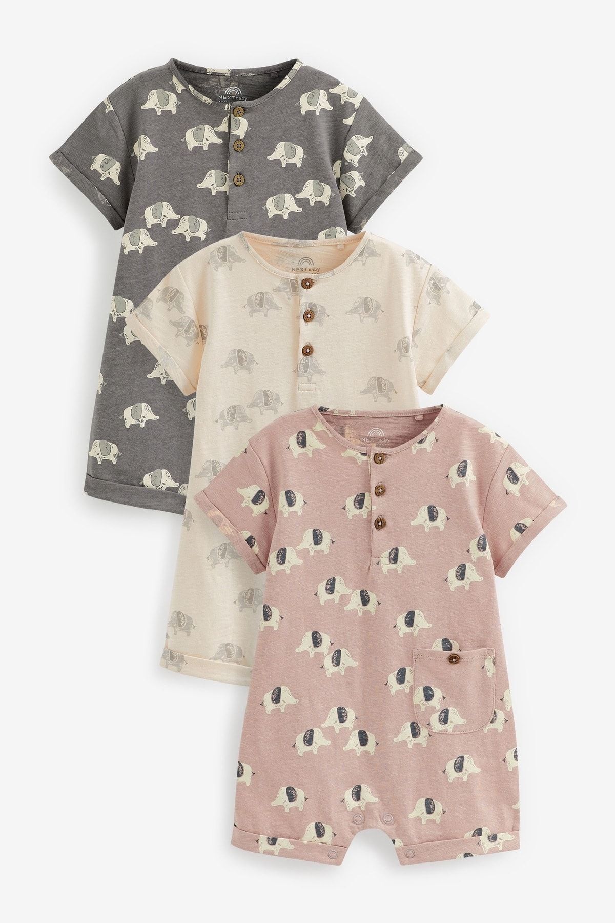 Next Baby % 100 Pamuklu Monochrome Elephant Romper Set 3’lü