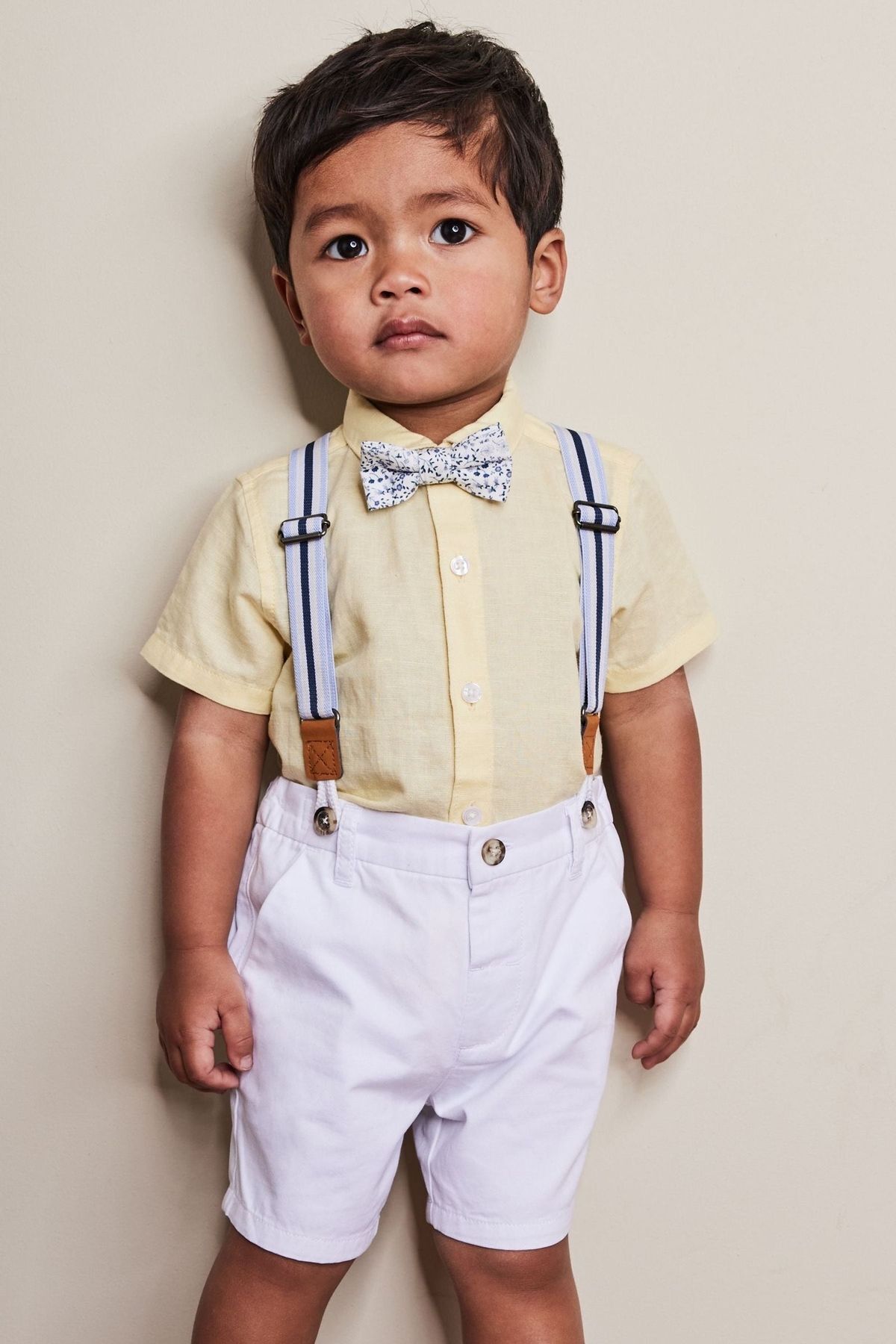 Next Baby Pamuklu Sarı Beyaz Gömlek Şort Papyon Askı Set