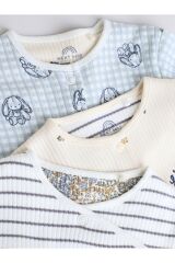 Next Baby %100 Pamuklu Krem Tavşan Desenli 3'lü Tulum Set