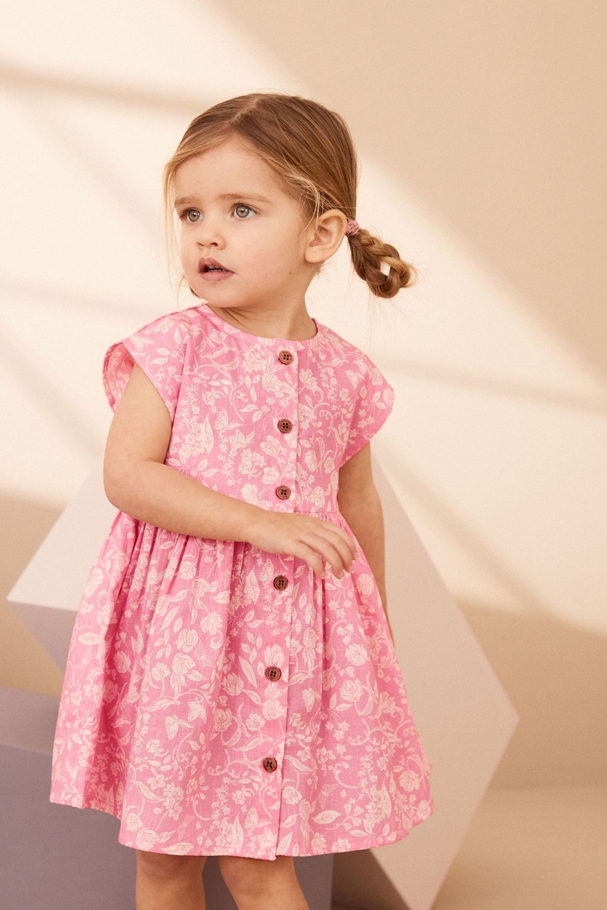 Next Baby % 100 Pamuklu Pembe Çiçekli Keten Elbise