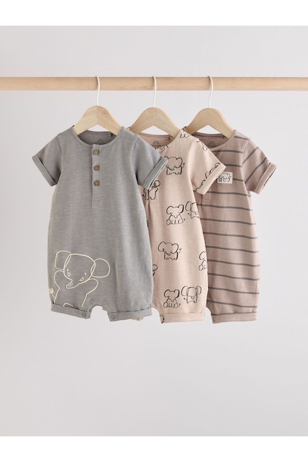 Next Baby %100 Pamuklu Neutral Elephant Desenli 3'lü Romper Set