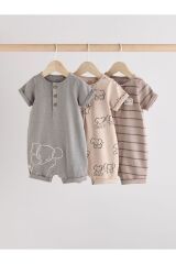Next Baby %100 Pamuklu Neutral Elephant Desenli 3'lü Romper Set